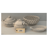 Two Ceramic Casseroles, Bread Warmer & Oval Pierced Bowl