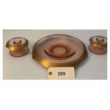 Depression Glass With Etched Gold Gilt Filigree Bowl & Candleholders