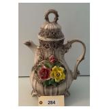 Large Ceramic Pitcher With Applied Ceramic Flowers 17"