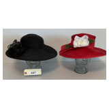 Two Glass Hat Stands And Two Ladies Derby Hats