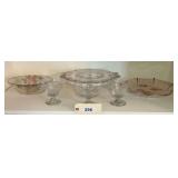 Embossed Glass Pink Floral Bowls Cake Plate & 3 Fluted Bowls