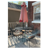 Metal Table     4 Chairs With Cushions   Umbrella