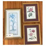 Three Framed & Matted Prints Of Flowers  22"X12"     12"X15"