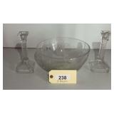 Three-Piece Clear Glass Set Featuring Bowl and Candlesticks