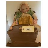 Bisque Head Baby Doll in Wooden Cradle with Extra Clothing and Accessories