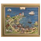 Framed Folk Art Coastal Village Painting By Roberta Clark