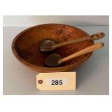 Carved Wooden Bowl with Two Serving Utensils