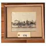 Framed Watercolor Landscape Painting Depicting Bridge and Trees