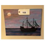 Original Canvas Painting of Sailing Ship at Dusk