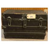 Black Painted Wood and Metal Slat Trunk with Hardware