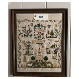 Framed Embroidered Needlework Sampler with Architectural and Pastoral Motifs