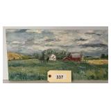 Frameless Landscape Oil Painting Depicting Rural Farm Scene By Roberta Clark