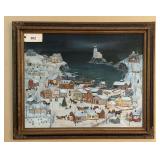 Framed Folk Art Winter Coastal Village Painting By Roberta Clark