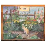 Framed Oil Painting Depicting an Orange Cat in a Garden Setting By Roberta Clark