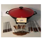 Red Enamel Electric Fondue Pot Set with Wooden Handle Forks and Stand