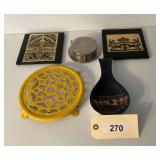 Assorted Kitchen and Tabletop Lot Including Coasters, Trivet, and Spoon Rest