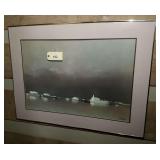 Framed Maritime Painting Depicting Ships in Harbor