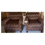 Matching Pair of Upholstered Armchairs with Chevron Pattern and Nailhead Trim
