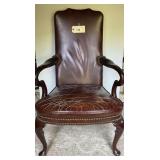 Brown Leather Armchair with Cabriole Legs and Brass Nailhead Trim