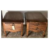 Pair of Wooden End Tables with Carved Details and Inset Tops