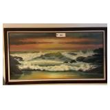 Framed Seascape Oil Painting Depicting Rocky Shoreline and Crashing Waves