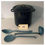 Blue Enamelware Stock Pot with Lid and Utensils Set