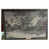 Framed Landscape Print Depicting River and Trees