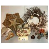 Coastal Decor Lot with Shell Wreath, Starfish, and Glass Floats