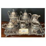 Ornate Silver Plated Tea and Coffee Service Set with Serving Tray