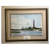 Framed Watercolor Painting of Coastal Lighthouse Scene Signed 1971