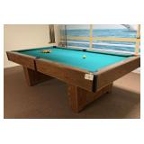 Wooden Billiards Table with Green Felt and Accessories