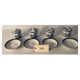 Set of Four Blue and White Porcelain Lidded Mugs with Matching Bowls