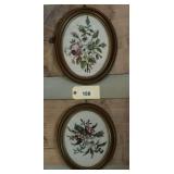 Framed Needlepoint Floral Wall Art Pair in Oval Wooden Frames