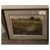 Framed Landscape Art Print Depicting Open Field and Trees