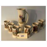 Ceramic Pitcher and Six Mugs Set with Dutch Folk Art Motifs