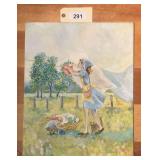 Original Oil Painting on Board Depicting Rural Laundry Scene Signed R. Clark 78