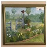 Framed Landscape Oil Painting of Garden Gate and Pastoral Field By Roberta Clark