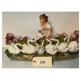 Ceramic Figural Grouping of Young Woman with Swans and Floral Accents