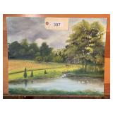 Original Oil Painting of Rural Landscape with Cabin and Pond By Roberta Clark
