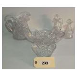 Assorted Cut Glass Tableware Collection Including Pitcher, Bowl, and Cruets