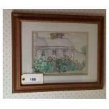 Framed Watercolor Painting of Country House with Garden and Windmill