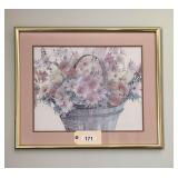 Framed Watercolor Print of Floral Basket in Soft Tones