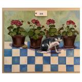 Original Oil Painting of Black and White Cat with Potted Geraniums on Blue and White Tile By Roberta Clark
