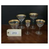 Large Collection of Frosted Glassware with Gold Trim Stemware and Tumblers