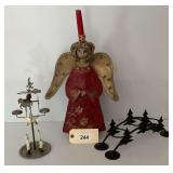Lot of Three Holiday Decor Items Including Angel Figure with Candle and Metal Candle Holders