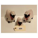 Set of Three Flocked Sheep Figurines with Red Ribbons and Bells