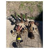 Assorted Decorative Objects Including Metal Sconces and Wooden Candlestick Holders