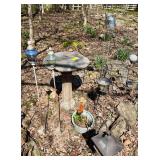 Assorted Outdoor Garden Decor: Lanterns, Bird Bath, and Glass Toppers