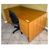 Wooden Desk with Attached Drawer Units and Office Chair