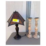 Table Lamp with Shade and Two Wooden Candle Holders
